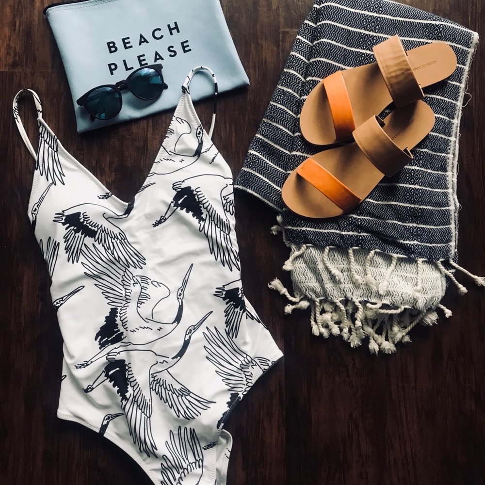 Crane Print Lace Up Back Swimsuit. Never worn.
